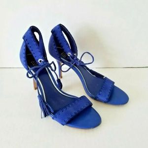 White House Black Market Strappy Blue Suede Tassel High Heel Sandals Sz. 8.5M